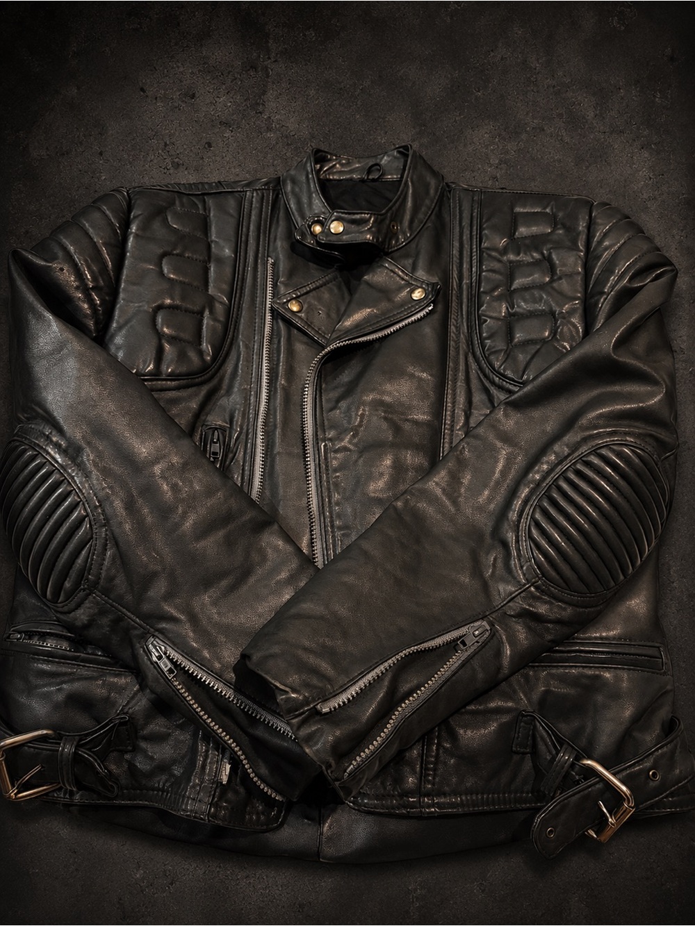 Vintage Grey Leather padded Motorcycle Jacket - Classic Biker Style size Large